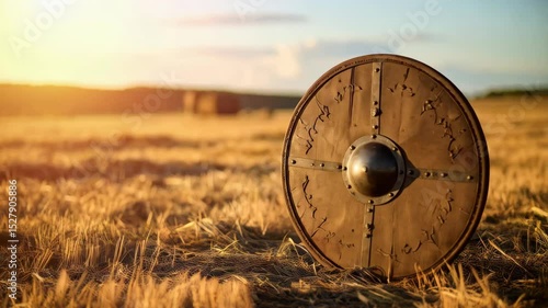 A round shield with metal trim stands in a golden field, illuminated by warm sunlight during the late afternoon or early evening.