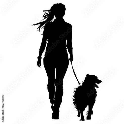 a silhouette of a woman walking a dog dog, girl, leash, silhouette, walk, woman , Generative art.