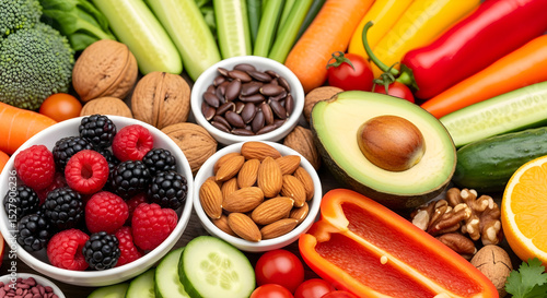 Wallpaper Mural An abundant array of fresh produce including colorful vegetables, sweet berries, and healthy nuts creates a vibrant display of nutritional ingredients for healthy eating and lifestyle. Torontodigital.ca