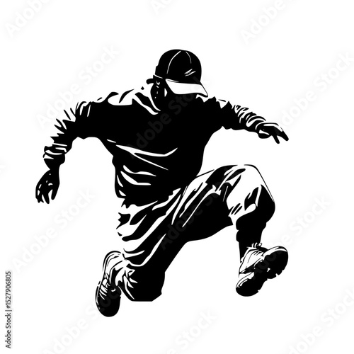 a black and white silhouette of a skateboarder jumping a ball ball, black, jump, man, silhouette, skateboard, skateboarder, snowboarder , Generative art.
