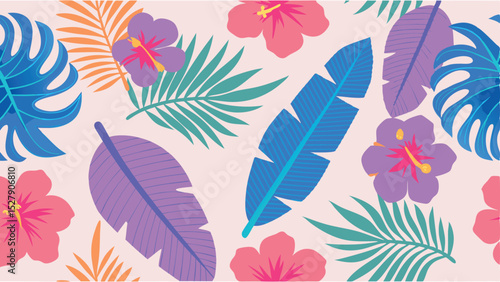 Colorful tropical pattern featuring hibiscus flowers and various stylized leaves on a light background