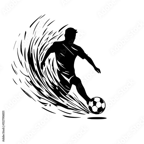 abstract silhouette of a soccer player kicking a ball abstract, ball, illustration, kick, silhouette, soccer ball, soccer player, wave , Generative art.