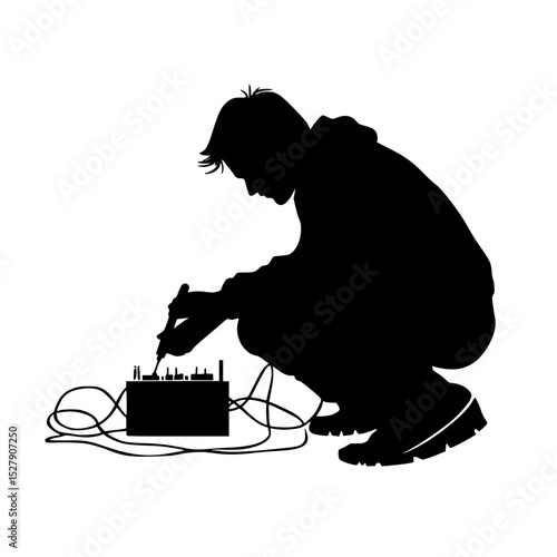 a silhouette of a man fixing a circuit board black, man, silhouette, wire