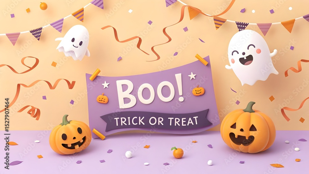 Fototapeta premium Cute Halloween Boo! Trick or Treat Banner with Friendly Ghosts and Pumpkins 3D Render