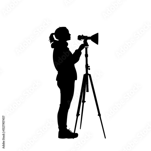 black silhouette of a girl with a camera on a tripod black, camera, girl, silhouette, telescope, tripod, woman