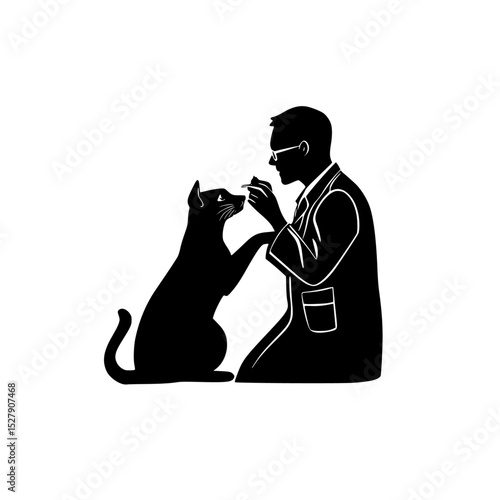 a black and white silhouette of a vet feeding a cat and dog black, cat, doctor, dog, eat, feed, man, silhouette, vet