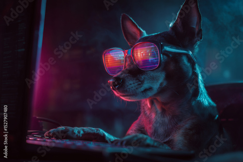 Cool Hacker Dog Working on Computer in Neon Light Cyberpunk Style