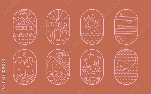 Minimalistic surfing, vacation emblem in thin line style pink badges. Cute tropical resort, surf camp, travel vibe vector illustration