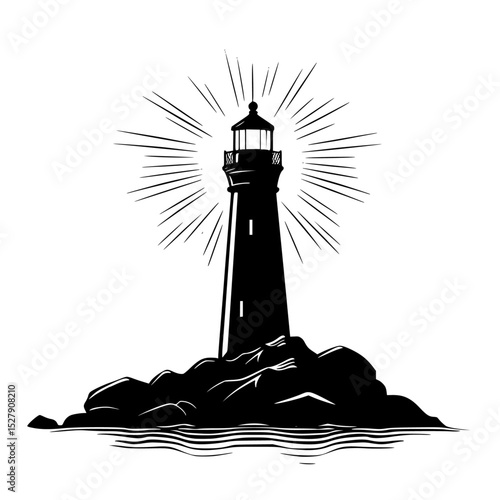 a black and white illustration of a lighthouse on an island in the sea black, illustration, island, lighthouse, rock, sea, shine