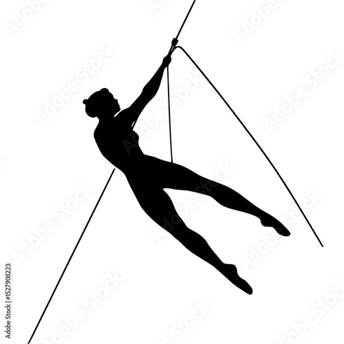 a black silhouette of a man on a tightrope jumping over a white background black, jump, man, rope, silhouette, woman