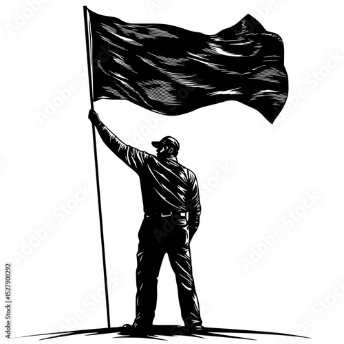 a black and white drawing of a man holding a flag in his hand black, drawing, flag, hand, hold, illustration, man, stand, wave 