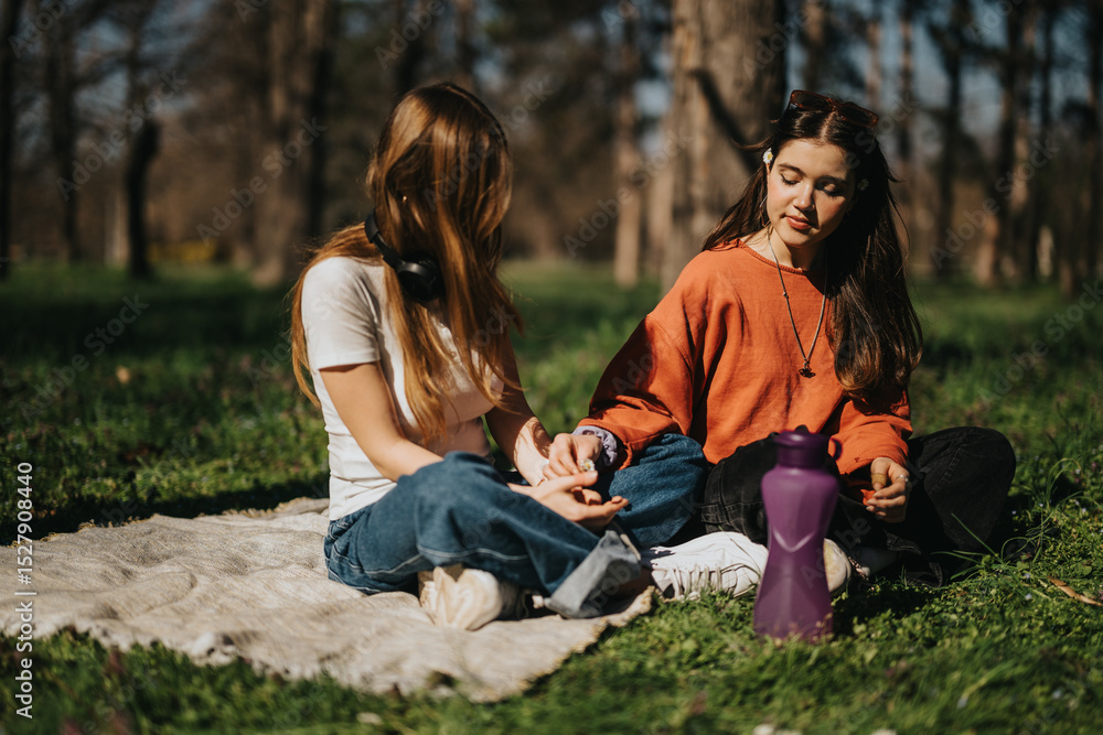 Two teenagers are seen seated on a blanket in a park, talking and spending quality time together, emphasizing connection and leisure outdoors. Two teenagers are seen seated on a blanket in a park, talking and spending quality time together, emphasizing connection and leisure outdoors.