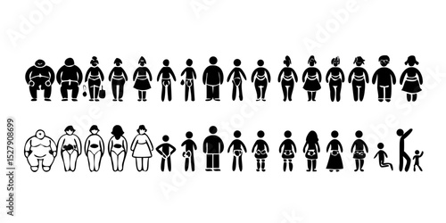 People Body with Different Weights – Line Icon Set Representing Body Types and Health Diversity

