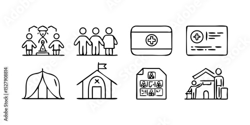 Refugee Crisis and Humanitarian Aid Line Icon Set – Vector Symbols for Global Relief and Support

