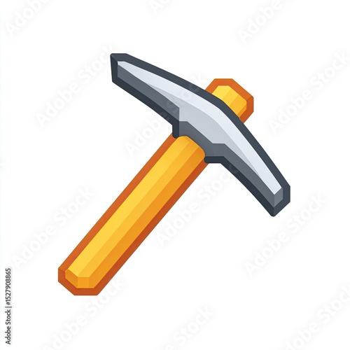Pixelated pickaxe,  angled view,  isometric graphic.  Simple,  blocky design.  Orange handle,  silver head