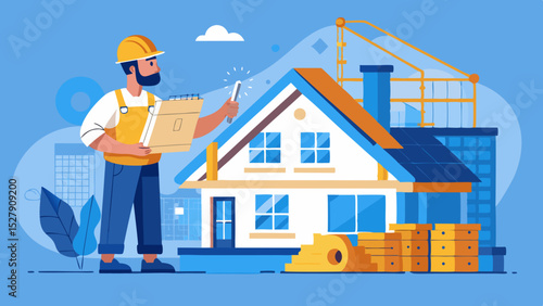 Building a House on Blueprints with Worker – Construction and Planning Concept Illustration

