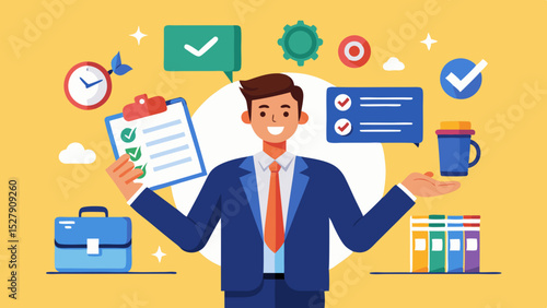 Busy Businessman Holding Work Essentials – Multitasking and Deadline Concept Illustration

