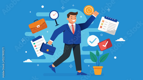 Busy Businessman Holding Work Essentials – Multitasking and Deadline Concept Illustration

