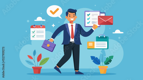 Busy Businessman Holding Work Essentials – Multitasking and Deadline Concept Illustration

