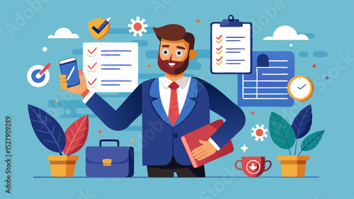 Busy Businessman Holding Work Essentials – Multitasking and Deadline Concept Illustration


