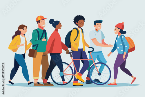 Multinational Group of Friends Walking with a Bicycle – Diversity and Friendship Concept

