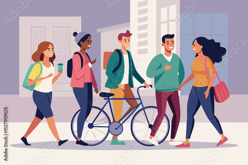 Multinational Group of Friends Walking with a Bicycle – Diversity and Friendship Concept

