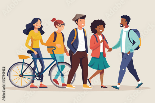 Multinational Group of Friends Walking with a Bicycle – Diversity and Friendship Concept

