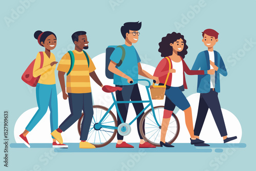 Multinational Group of Friends Walking with a Bicycle – Diversity and Friendship Concept

