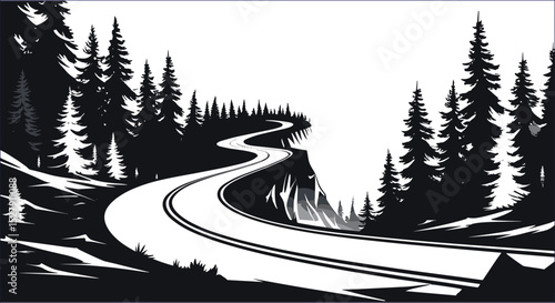 Winding Road Through Forest Vector Illustration In Black And White Style