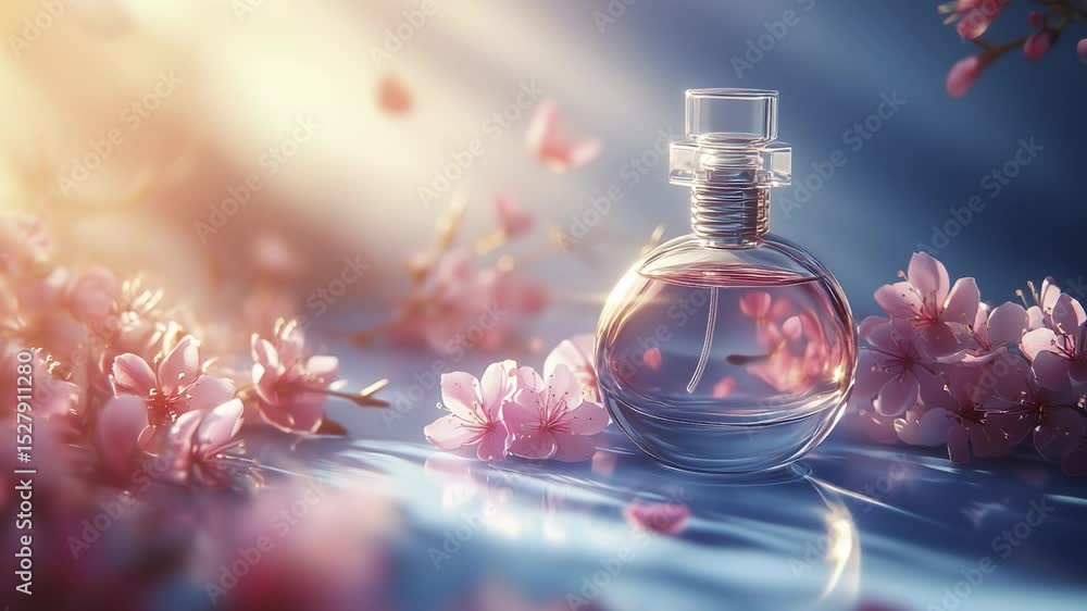 A round glass perfume bottle sits on a reflective surface, surrounded by soft pink cherry blossoms under sunlight, creating a delicate interplay of light and shadow. A round glass perfume bottle sits on a reflective surface, surrounded by soft pink cherry blossoms under sunlight, creating a delicate interplay of light and shadow.