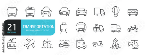 Set of line icons related to transportation, vehicle, car. Editable stroke. Outline icons collection. Vector illustration stock illustration