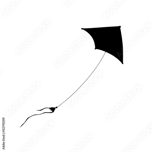 a black and white silhouette of a kite flying black, fly, kite, silhouette, sky, tail