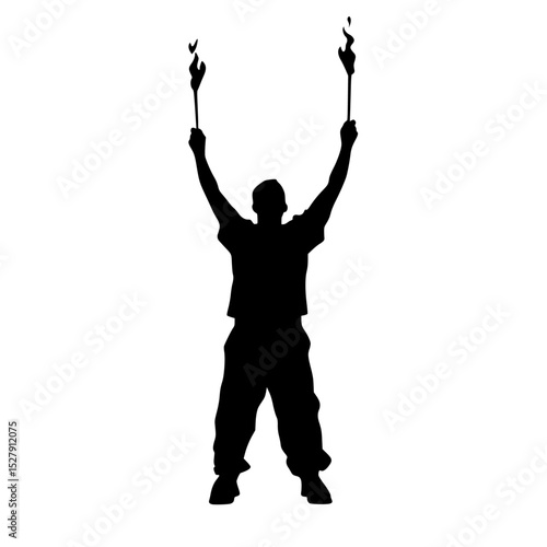 a black silhouette of a man holding a torch in his hand over his head arm, black, hand, head, hold, man, person, silhouette, stand, torch
