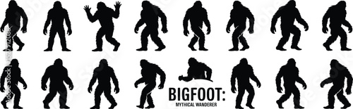 Bigfoot Silhouettes in Various Poses: Mysterious Cryptid Designs for Fantasy, Adventure, and Cryptozoology Projects