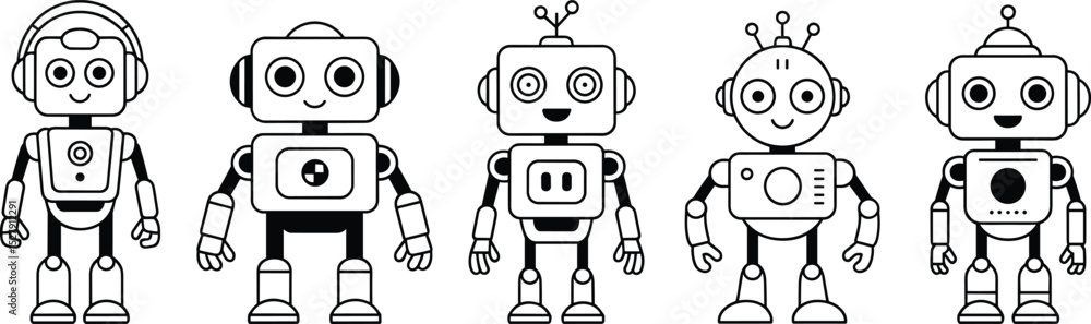 Fototapeta premium Adorable Cartoon Robot Characters in Various Styles: Perfect for Kids, Tech, and Design Projects