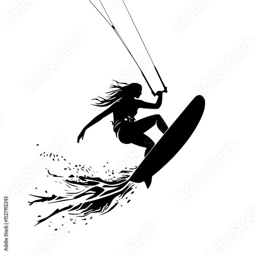 black silhouette of a woman on a surfboard on a wave black, board, girl, silhouette, surfboard, water, wave, woman
