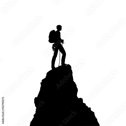 a black and white silhouette of a man with a backpack standing on top of a mountain backpack, black, hill, man, mountain, rock, silhouette, stand, top 