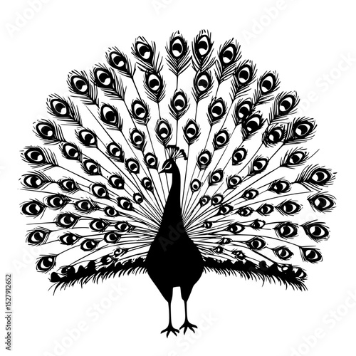 a black and white silhouette of a peacock with its tail in the air black, feather, illustration, peacock, silhouette, tail