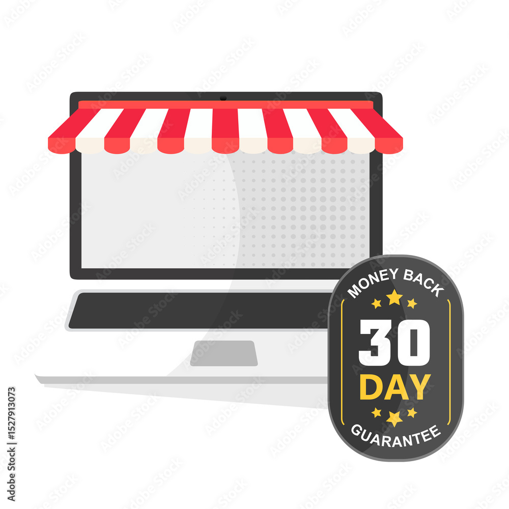 Naklejka premium 30 days money back guarantee Badge Banner icon design - illustrazioni Concetto di shopping online. Apri laptop con acquisto dello schermo. Stile piatto, illustrazione day to go left best seller premiu