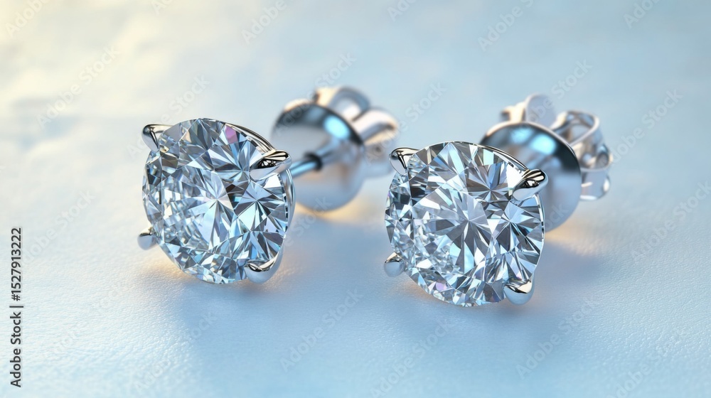 Fototapeta premium A stunning pair of diamond stud earrings elegantly displayed on a soft white surface, with light reflecting off the facets, showcasing their brilliance.