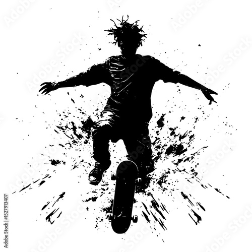 black and white silhouette of a skateboarder riding a skateboard jumping in the air art, black, jump, man, person, ride, silhouette, skateboard, skateboarder, snowboarder
