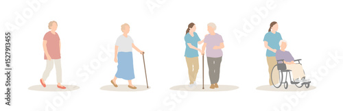 Elderly Woman Life Stage Illustration Set – Walking, With Cane, Assisted, Wheelchair
