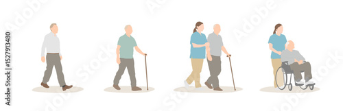 Elderly Man Life Stage Illustration Set – Independent to Assisted Mobility
