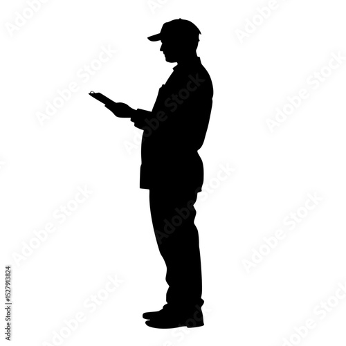 a black silhouette of a man standing against a white background black, hand, man, silhouette, stand, tablet 