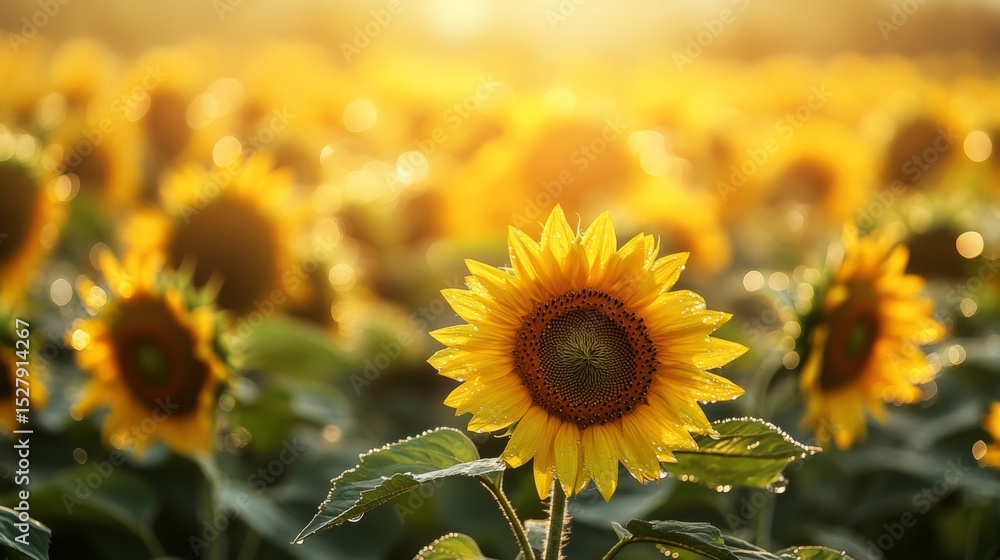 Fototapeta premium A sunflower field after a light drizzle, with water droplets glistening in the sun