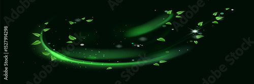 Green shiny line spiral spring wind effect with dust particles and leaves particles on black background. Concept of freshness, growth, spring, summer and ecology.