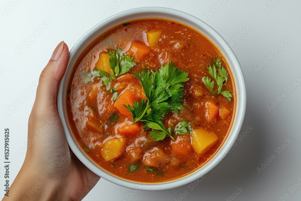 A Hand Holding a Yemeni Saltah Stew in a Simple White Bowl. A Hand Holding a Yemeni Saltah Stew in a Simple White Bowl.
