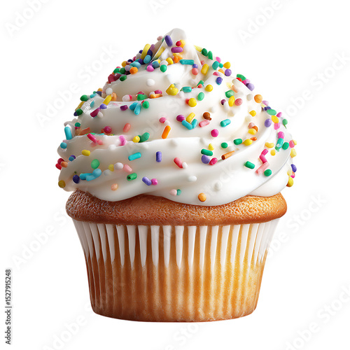 Delicious frosted birthday cupcake with pink icing and sprinkles isolated on white