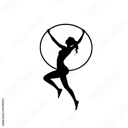 black silhouette of a woman doing aerial hoop on white background aerial, black, girl, ring, silhouette, silk, woman