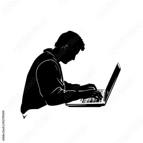 black silhouette of a man sitting and typing on a laptop computer black, computer, laptop, laptop computer, man, person, silhouette, sit